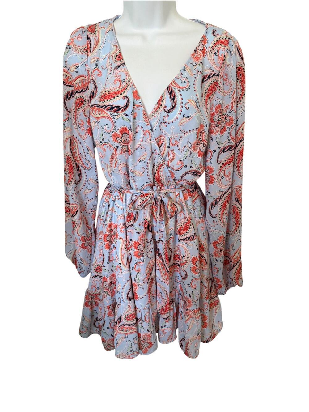 Jun & Ivy Blue Paisley Wrap Dress Long Sleeve Tie Waist Boho M